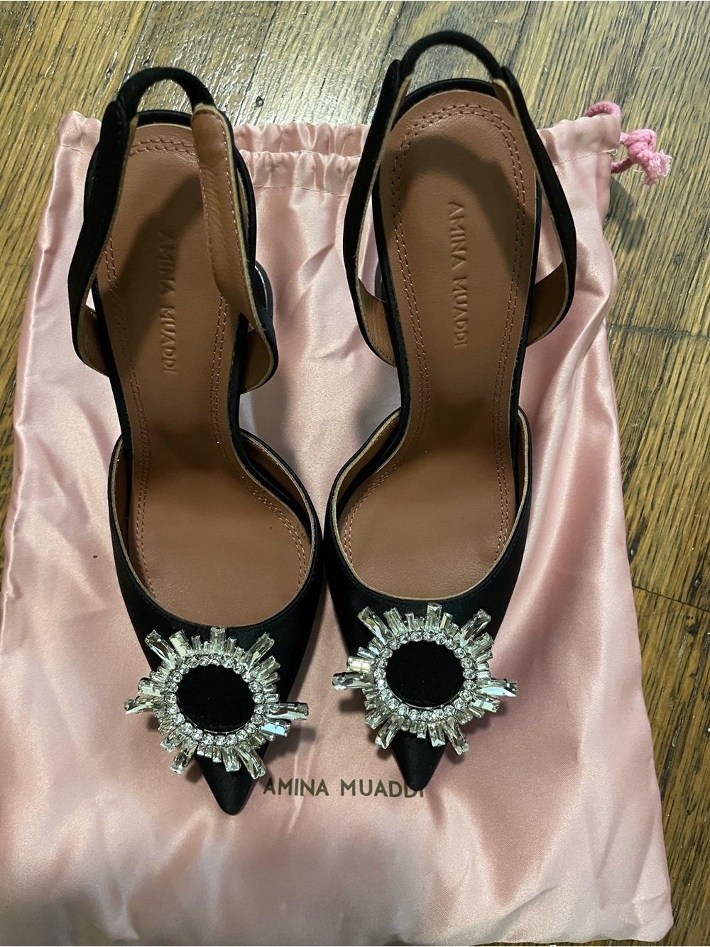 Amina Muaddi Inspired Black Satin Slingback Pumps with Crystal Sunburst